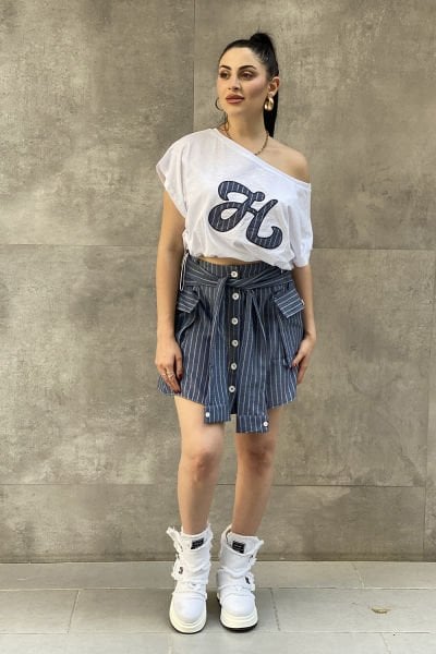 Çizgili Tasarım Oversize Bluz&Etek Takımı