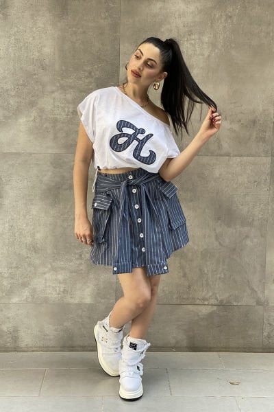 Çizgili Tasarım Oversize Bluz&Etek Takımı