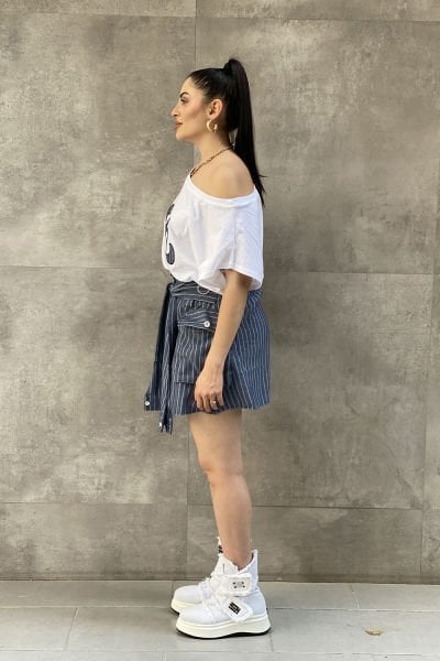 Çizgili Tasarım Oversize Bluz&Etek Takımı