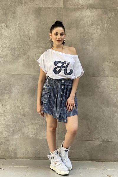 Çizgili Tasarım Oversize Bluz&Etek Takımı