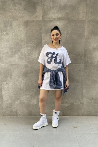 Çizgili Tasarım Oversize Gömlekli Elbise