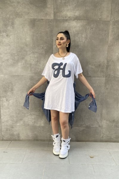 Çizgili Tasarım Oversize Gömlekli Elbise