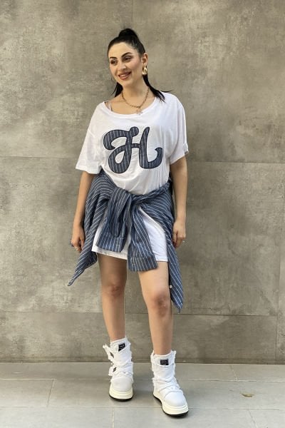 Çizgili Tasarım Oversize Gömlekli Elbise