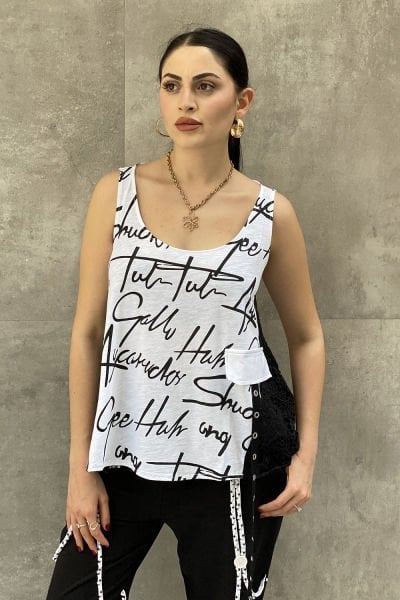 Dantelli Tasarım Yazılı Oversize Askılı Bluz