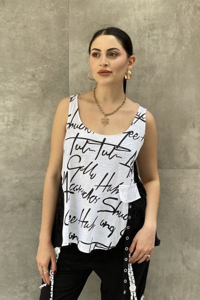 Dantelli Tasarım Yazılı Oversize Askılı Bluz