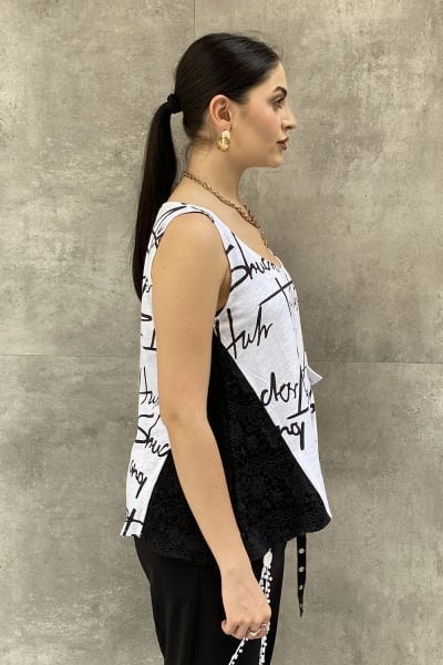 Dantelli Tasarım Yazılı Oversize Askılı Bluz