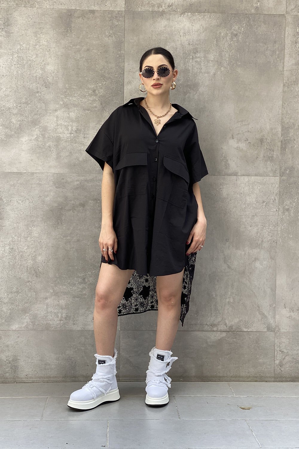 Tasarım Oversize Dantelli Gömlek Elbise