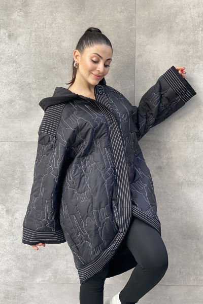 Tasarım Oversize Kapüşonlu Nakışlı Mont