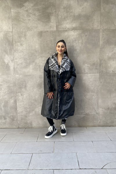 Peluş Yakalı Tasarım Oversize Uzun Mont