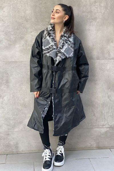 Peluş Yakalı Tasarım Oversize Uzun Mont