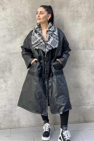 Peluş Yakalı Tasarım Oversize Uzun Mont