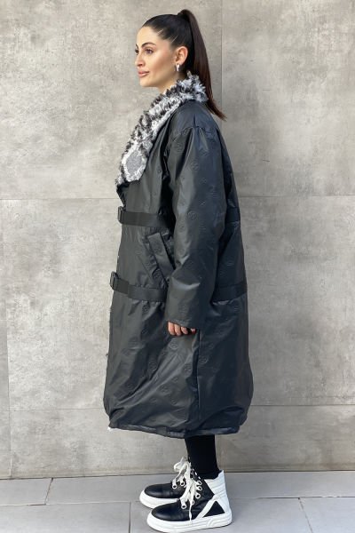 Peluş Yakalı Tasarım Oversize Uzun Mont