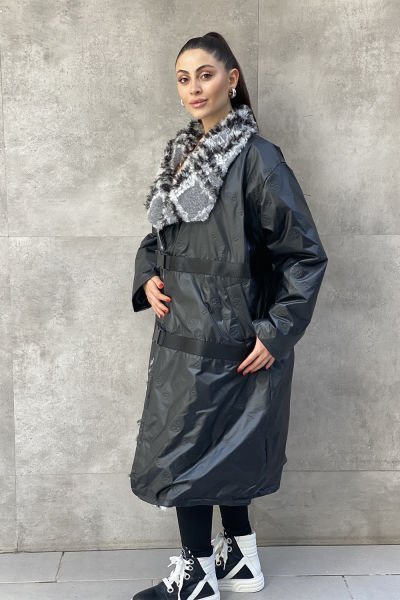 Peluş Yakalı Tasarım Oversize Uzun Mont