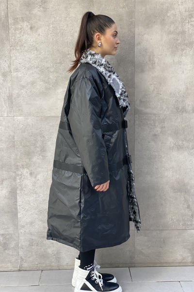 Peluş Yakalı Tasarım Oversize Uzun Mont