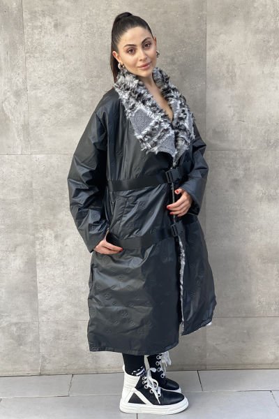 Peluş Yakalı Tasarım Oversize Uzun Mont
