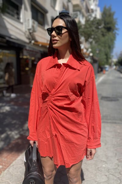 Asimetrik Çıtçıtlı Oversize Gömlek Elbise