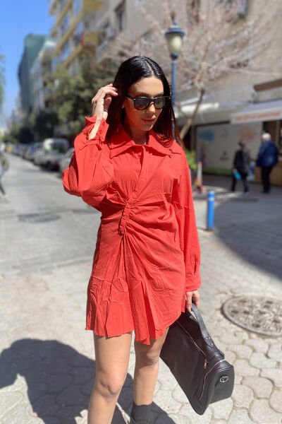 Asimetrik Çıtçıtlı Oversize Gömlek Elbise