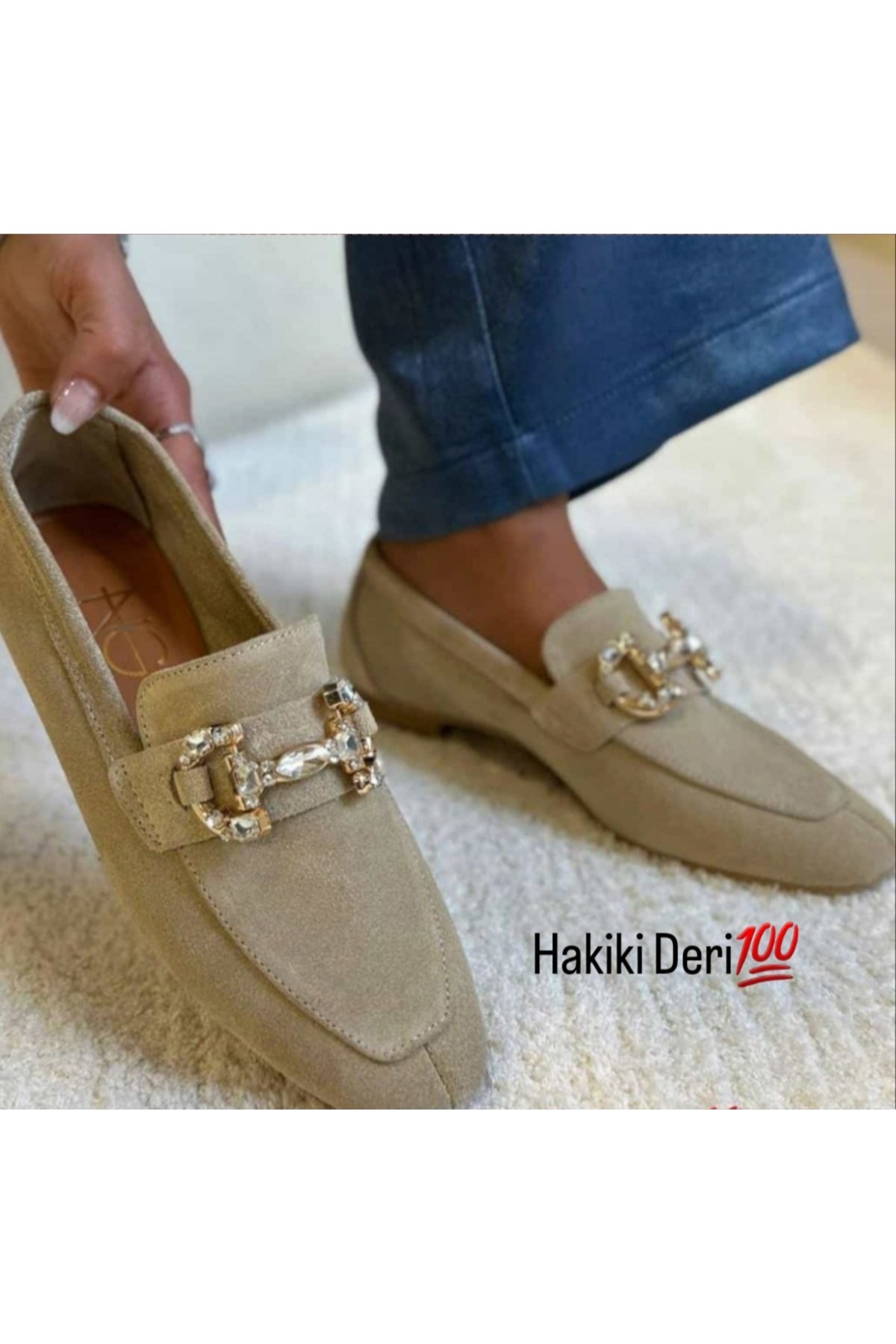 Hakiki Deri Süet Taşlı Tokalı Bej Loafer Makosen Ayakkabı