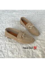 Hakiki Deri Süet Taşlı Tokalı Bej Loafer Makosen Ayakkabı
