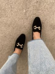 Hakiki Deri Süet Taşlı Tokalı Siyah Loafer Makosen Ayakkabı