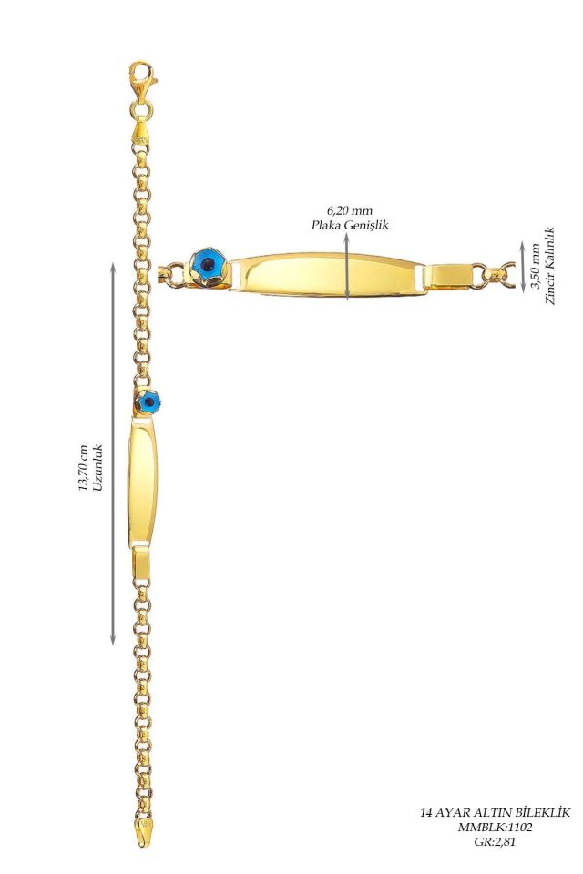 Prenses Pırlanta-Çocuk 14 Ayar Altın Nazar Göz Taşlı Künye Altın Bileklik Modeli