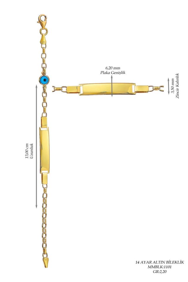 Prenses Pırlanta-Çocuk 14 Ayar Altın Nazar Göz Taşlı Künye Altın Bileklik Modeli