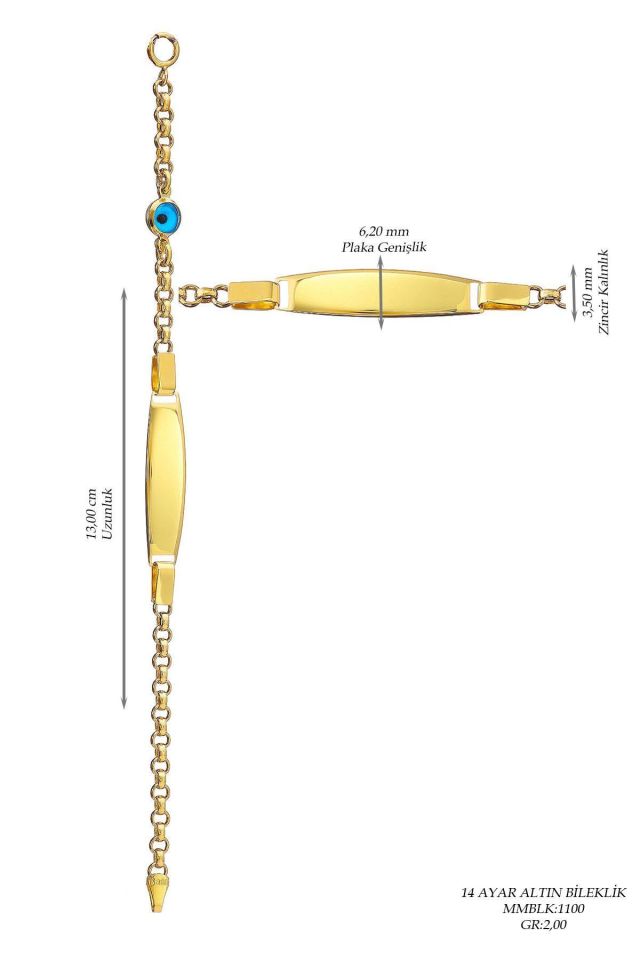 Prenses Pırlanta-Çocuk 14 Ayar Altın Nazar Göz Taşlı Künye Altın Bileklik Modeli