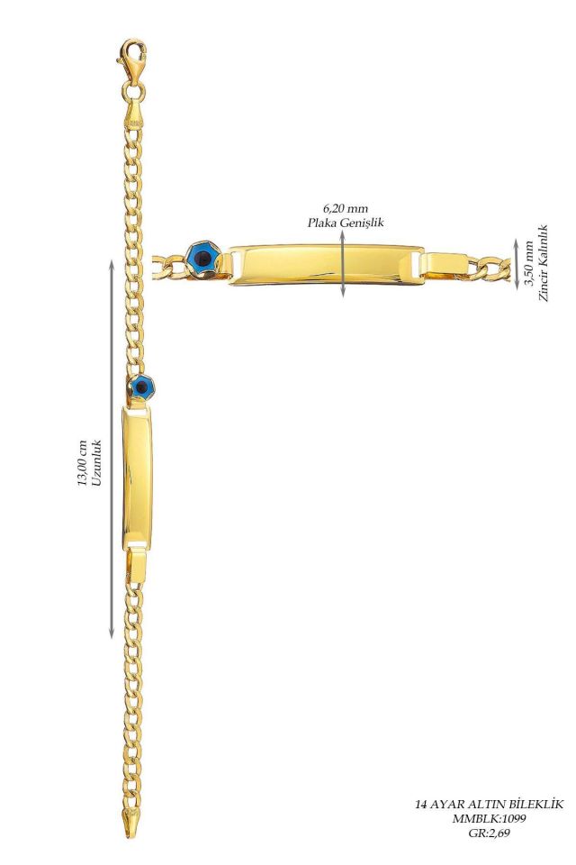 Prenses Pırlanta-Çocuk 14 Ayar Altın Nazar Göz Taşlı Künye Altın Bileklik Modeli