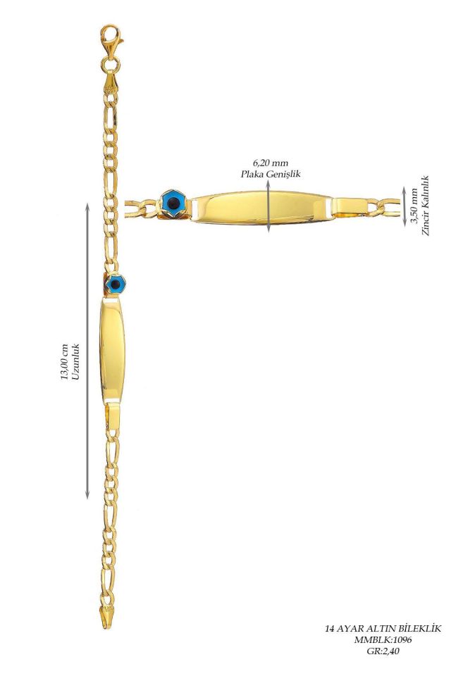 Prenses Pırlanta-Çocuk 14 Ayar Altın Nazar Göz Taşlı Künye Altın Bileklik Modeli