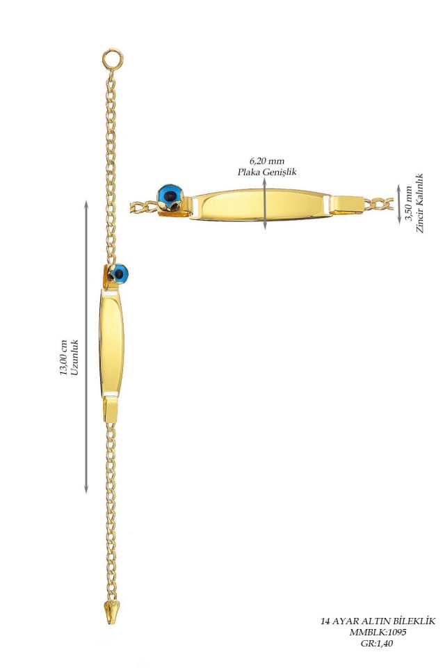 Prenses Pırlanta-Çocuk 14 Ayar Altın Nazar Göz Taşlı Künye Altın Bileklik Modeli