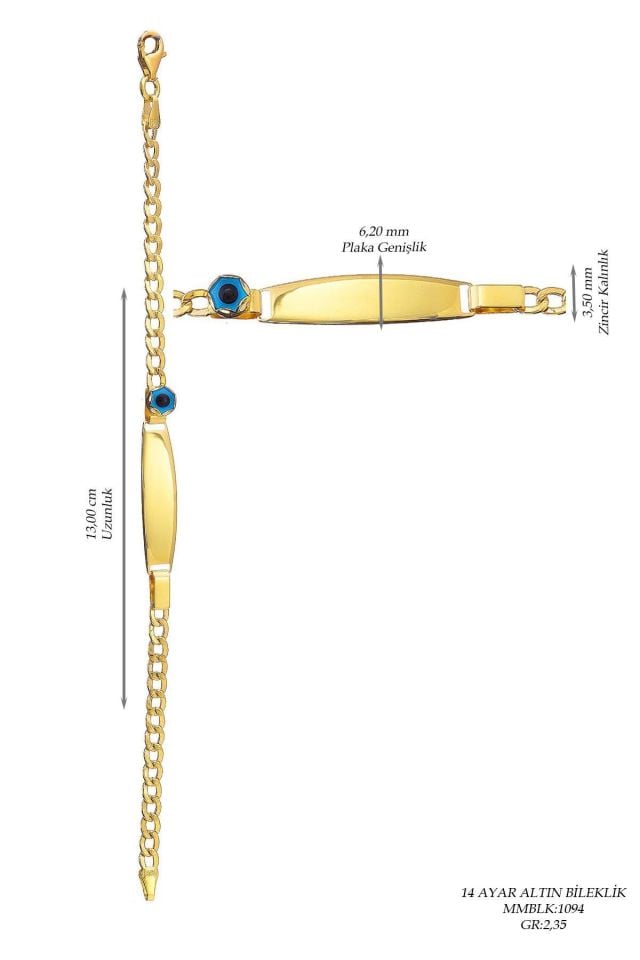 Prenses Pırlanta-Çocuk 14 Ayar Altın Nazar Göz Taşlı Künye Altın Bileklik Modeli