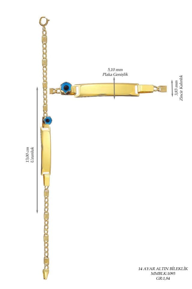 Prenses Pırlanta-Çocuk 14 Ayar Altın Nazar Göz Taşlı Künye Altın Bileklik Modeli