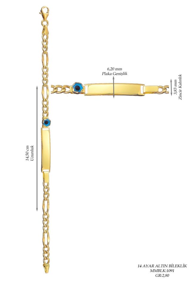 Prenses Pırlanta-Çocuk 14 Ayar Altın Nazar Göz Taşlı Künye Altın Bileklik Modeli