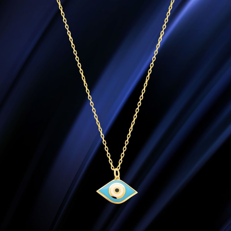Prenses Pırlanta-14 Ayar Altın Mineli Nazar Göz Altın Kolye Modeli ''45 cm''