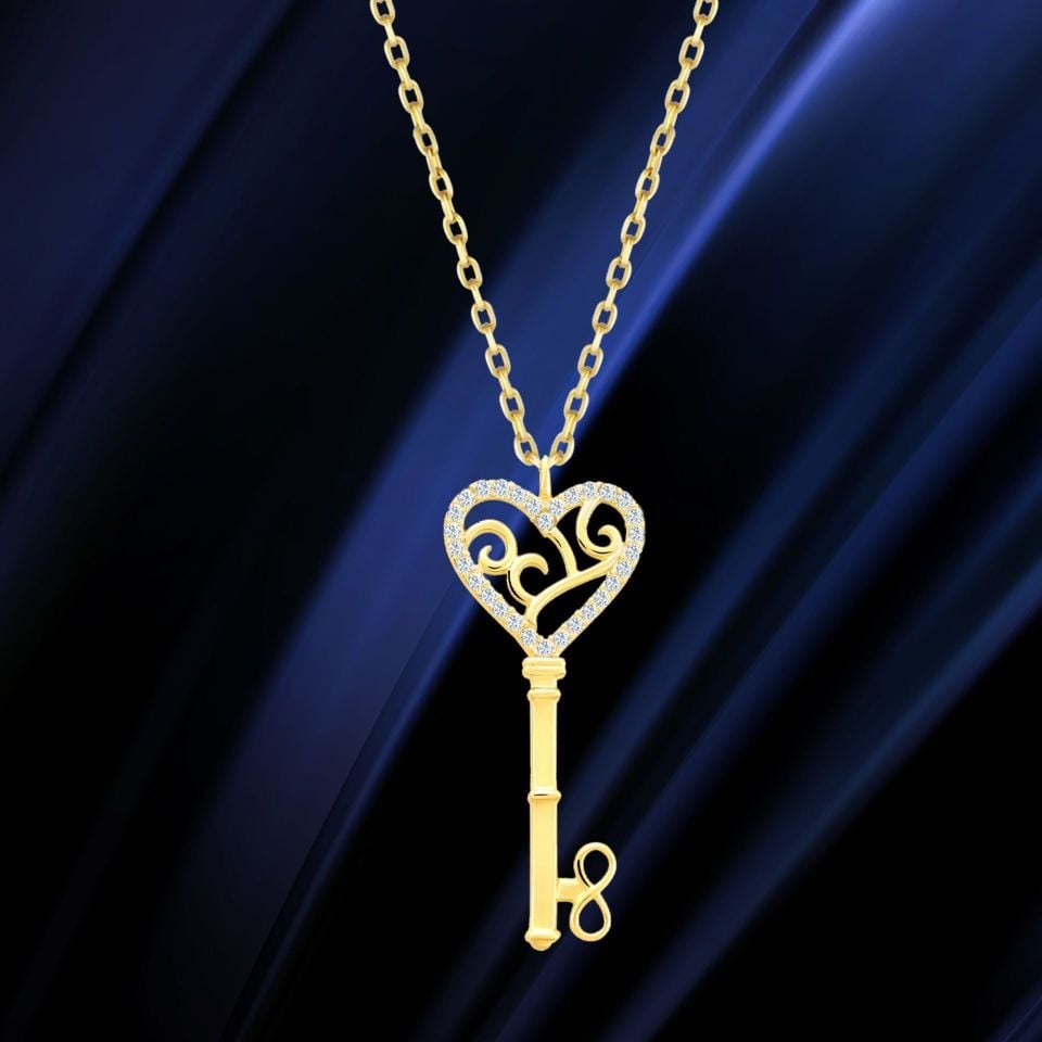 Prenses Pırlanta-14 Ayar Altın Kalpli Anahtar Altın Kolye Modeli ''45 cm''