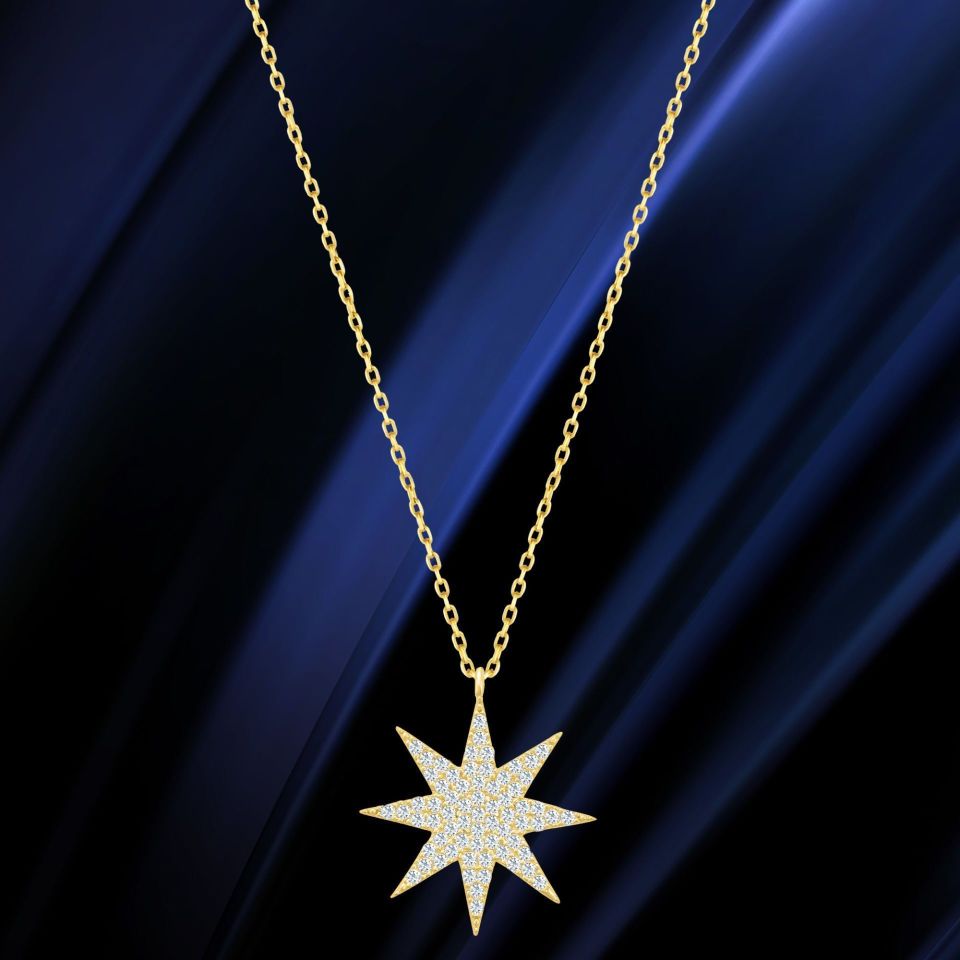 Prenses Pırlanta-14 Ayar Altın Taşlı Star Kutup Yıldızı Altın Kolye Modeli ''45 cm''