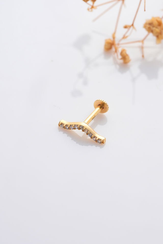 PRENSES PIRLANTA 14 Ayar Altın Tragus Küpe Esli Su Yolu Vidalı