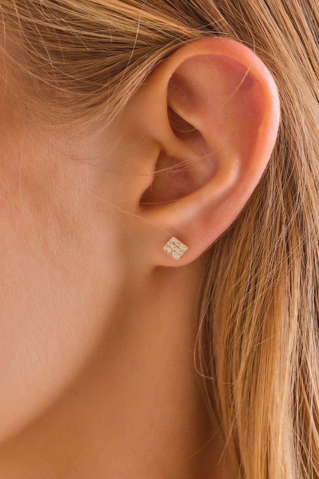 PRENSES PIRLANTA 14 Ayar Altın Tragus Küpe Kare Taşlı Vidalı