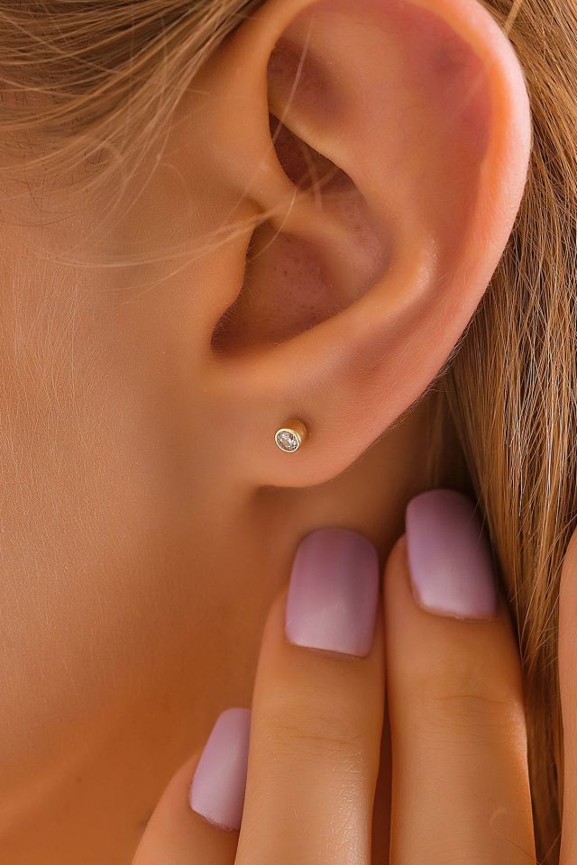 PRENSES PIRLANTA 14 Ayar Altın Tragus Küpe Sıvama TekTaş Vidalı