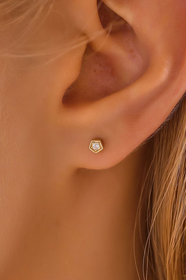 PRENSES PIRLANTA 14 Ayar Altın Tragus Küpe Geometrik Tektaş Vidalı