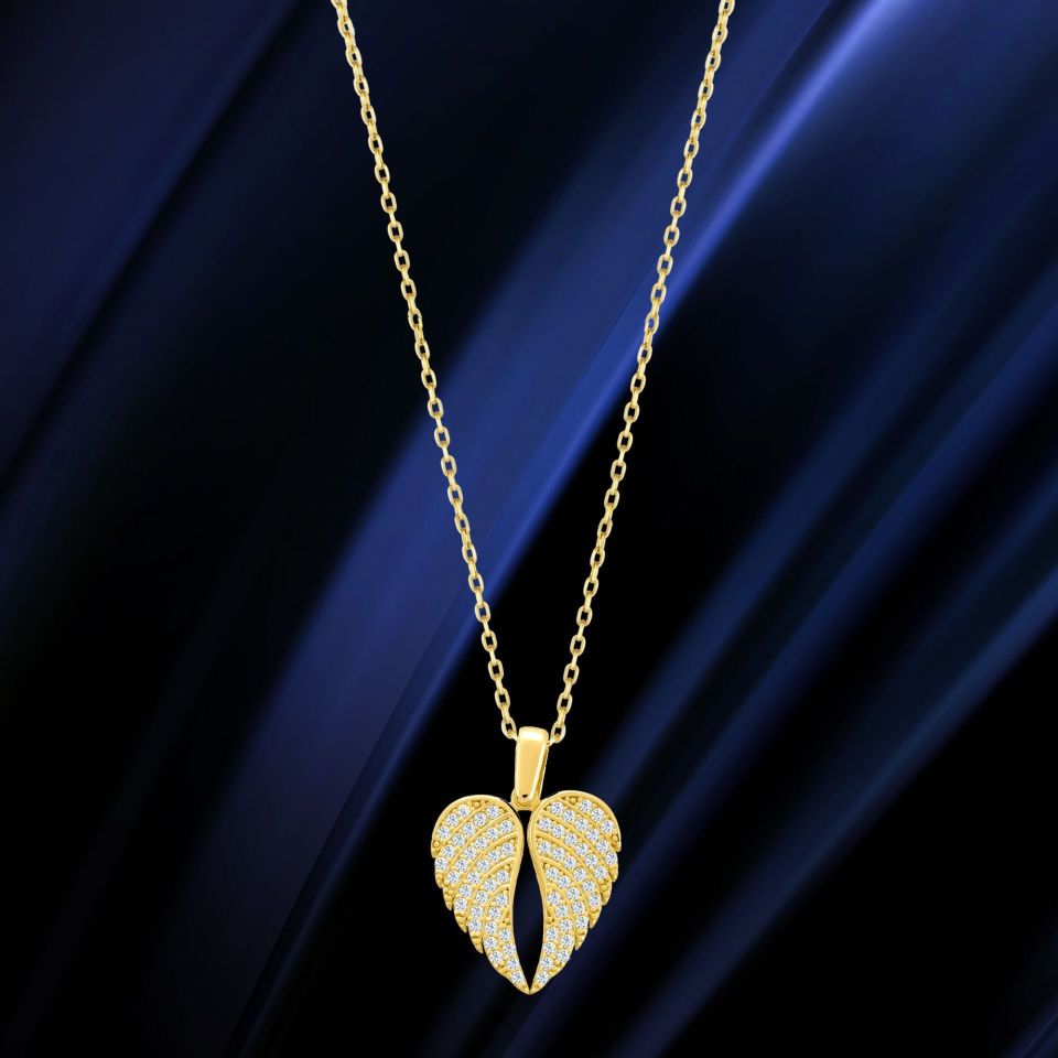 Prenses Pırlanta-14 Ayar Altın Melek Kanadı Kalp Figürlü Altın Kolye Modeli ''45 cm''