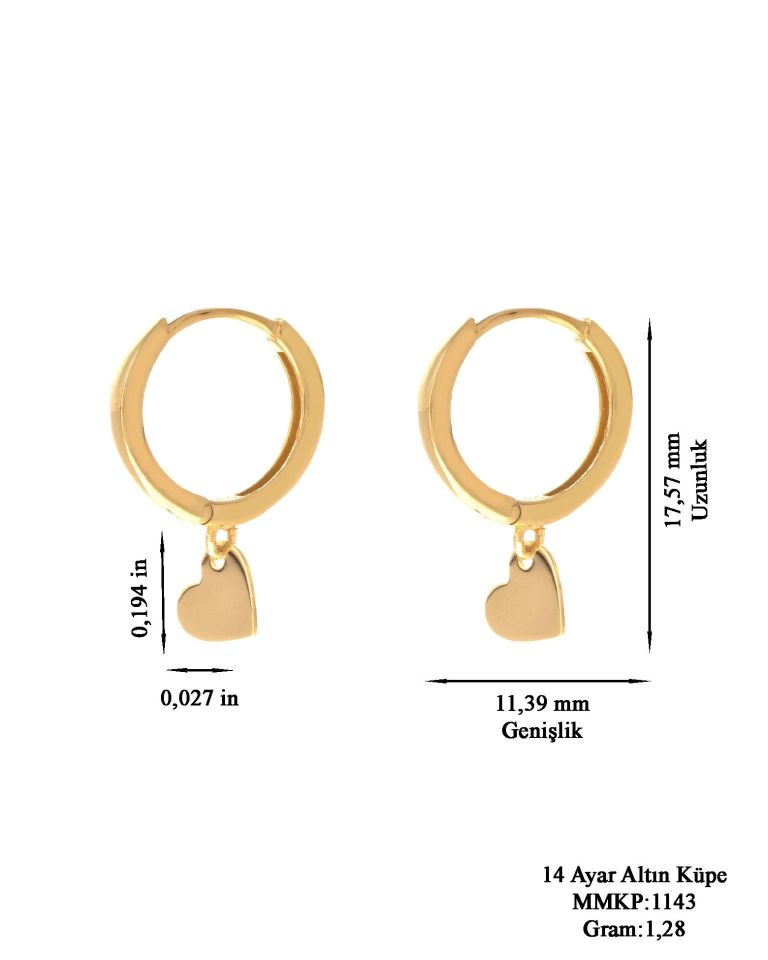 Prenses Pırlanta-Kalp Sallantılı Altın Halka Küpe-14 Ayar Altın Küpe Modeli 2,00 gr