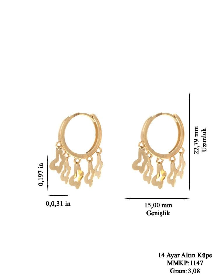 Prenses Pırlanta-Kelebek Sallantılı Altın Halka Küpe-14 Ayar Altın Küpe Modeli 3,10 gr