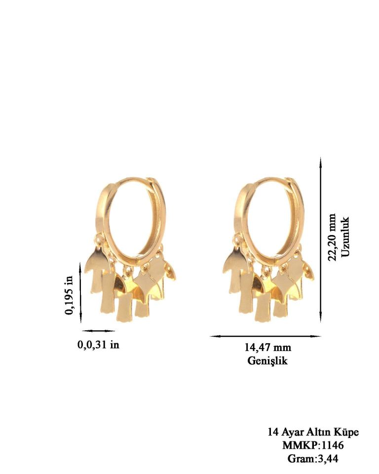 Prenses Pırlanta-Sallantılı Altın Halka Küpe-14 Ayar Altın Küpe Modeli 3,40 gr