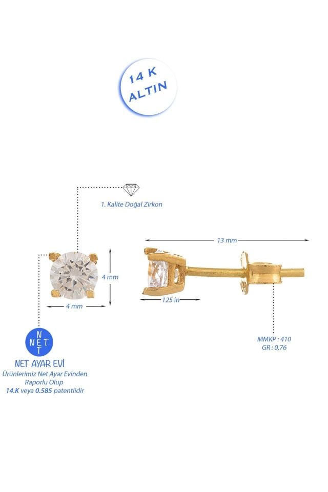 Prenses Pırlanta-Tek Taş Küpe 14 Ayar Altın