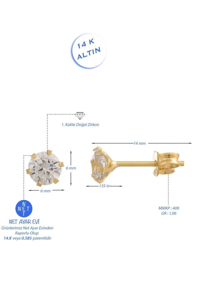 Prenses Pırlanta-Tek Taş Küpe 14 Ayar Altın