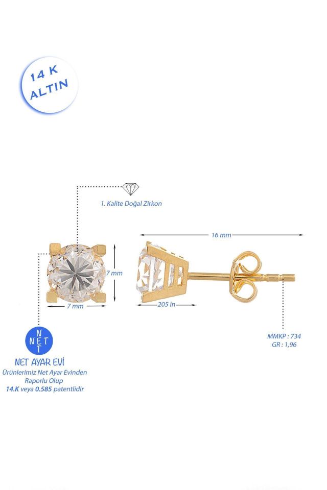 Prenses Pırlanta-Tek Taş Küpe 14 Ayar Altın