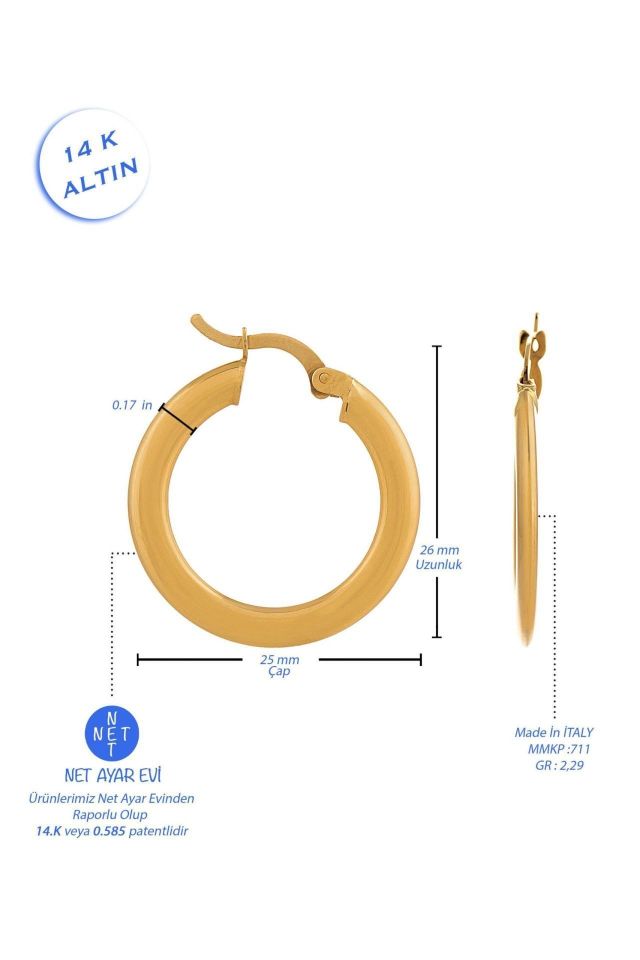 Prenses Pırlanta-İtalyan Düz Halka Küpe 14 Ayar Altın (2,6 cm)