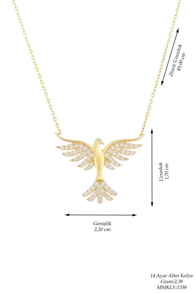 Prenses Pırlanta-14 Ayar Altın Fantezi Taşlı Zümrüdü Anka Kuşu Altın Kolye Modeli