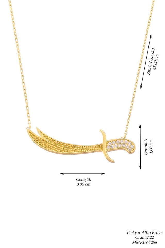 Prenses Pırlanta-14 Ayar Altın 3 cm Taşlı Zülfikar Altın Kolye Modeli